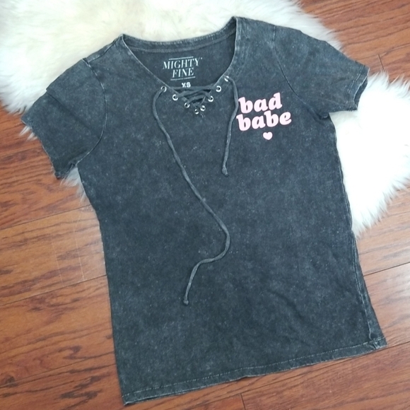 Mighty Fine Tops - Mighty Fine Lace up Acid wash Tshirt